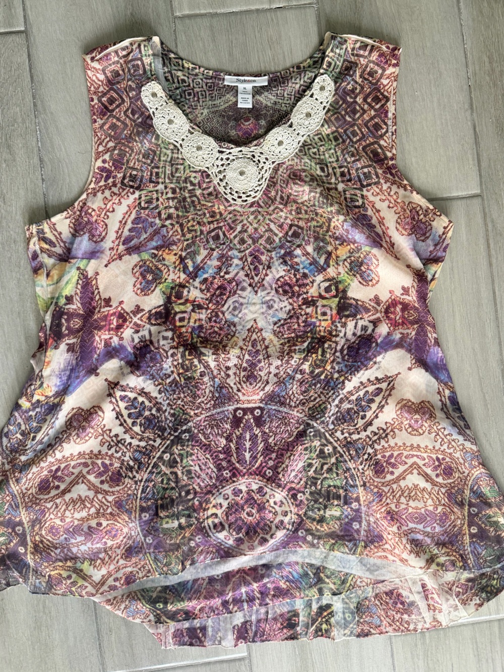 Style & Co. Purple Multi Floral Crochet-Trim Sleeveless Tank